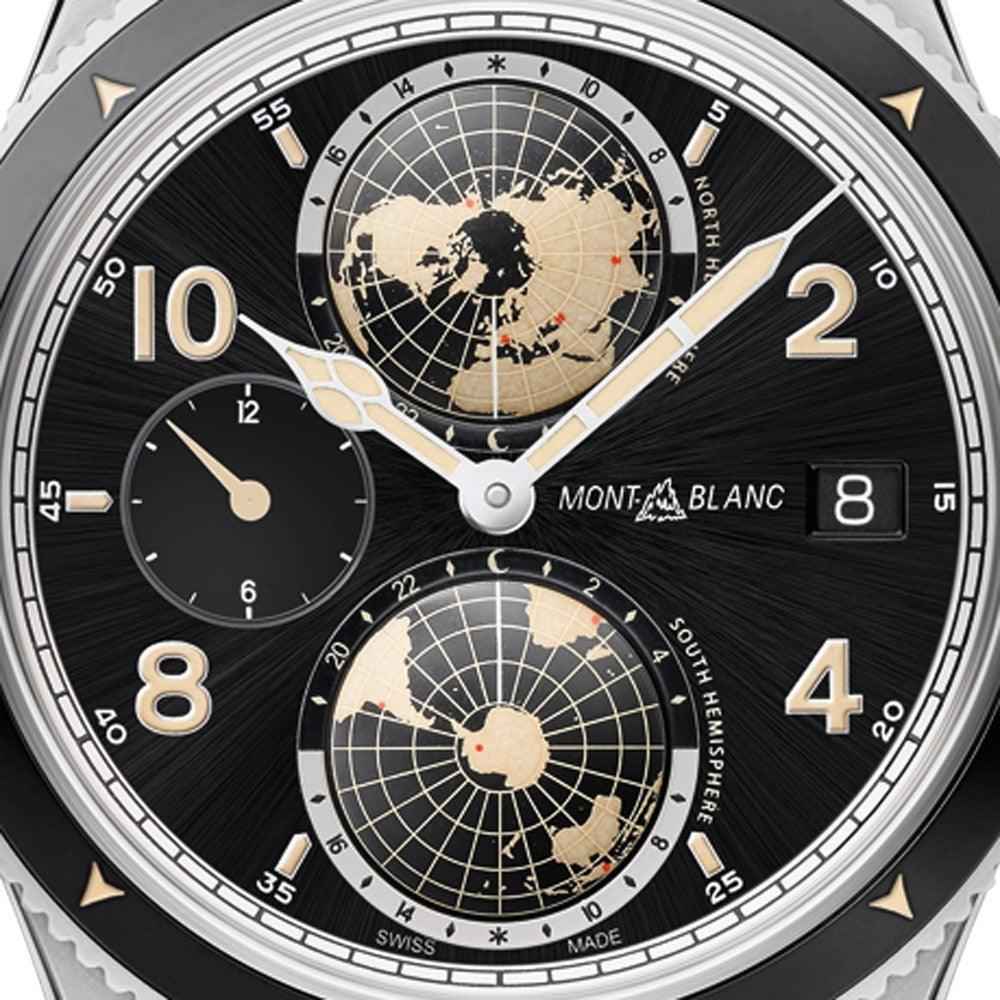 Orologio Montblanc Geosphere: quadrante nero con mappe mondo e cinturino nero