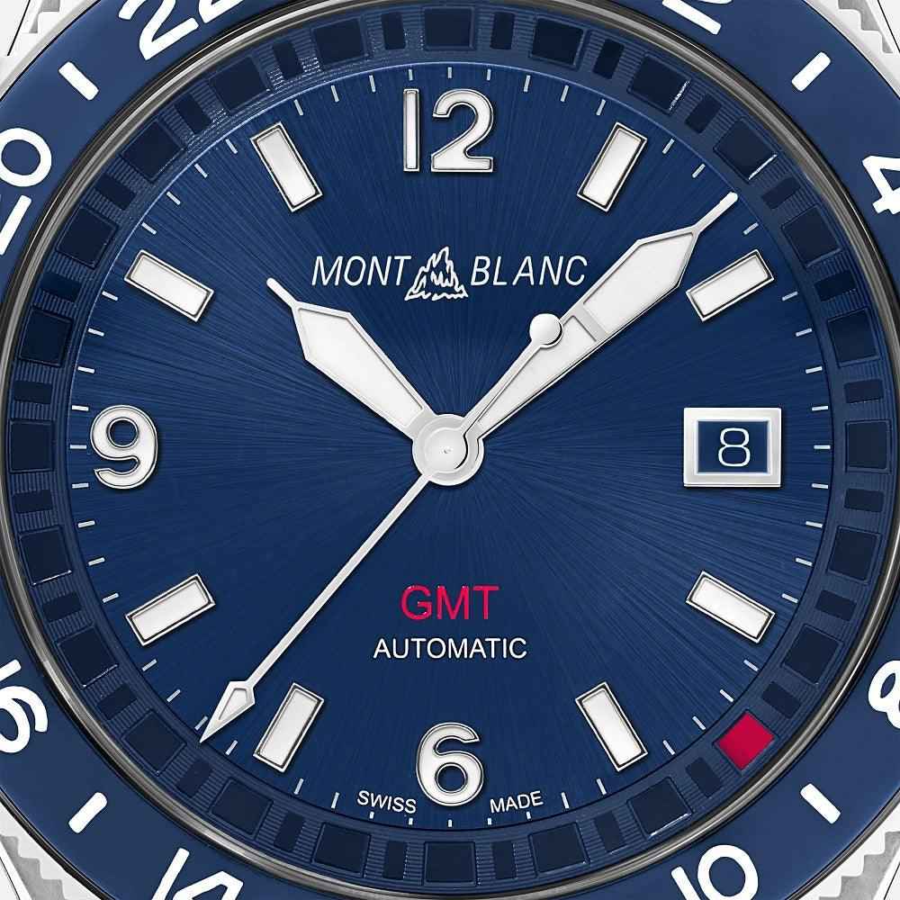 Orologio con quadrante blu GMT automatico, numeri e indici bianchi, datario