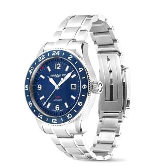 Orologio GMT con cassa in acciaio e quadrante blu; vista laterale del bracciale