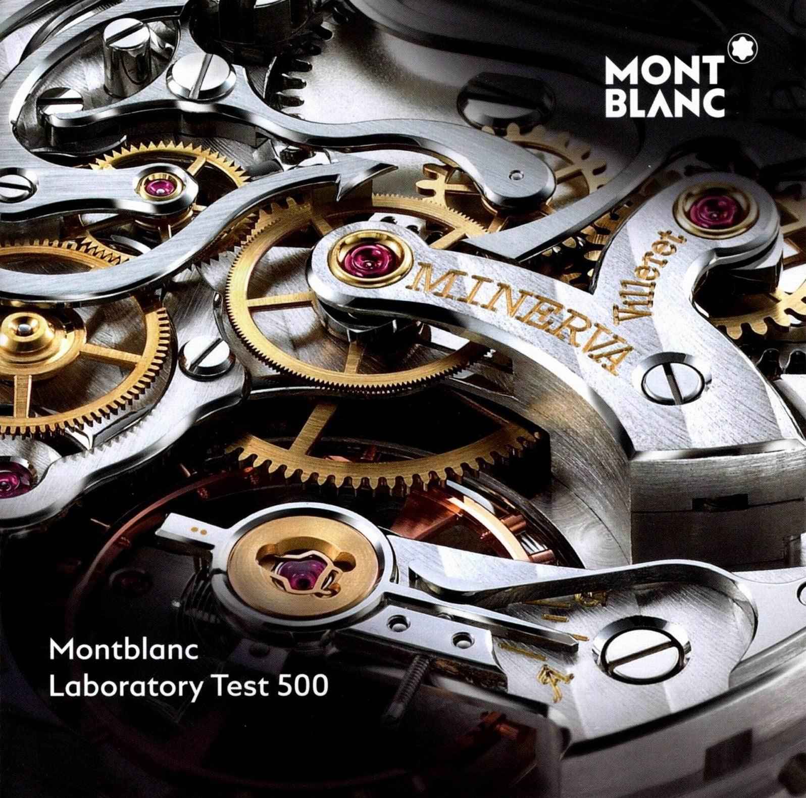 Movimento dell’orologio con ingranaggi metallici, scritta “Montblanc Laboratory Test 500”