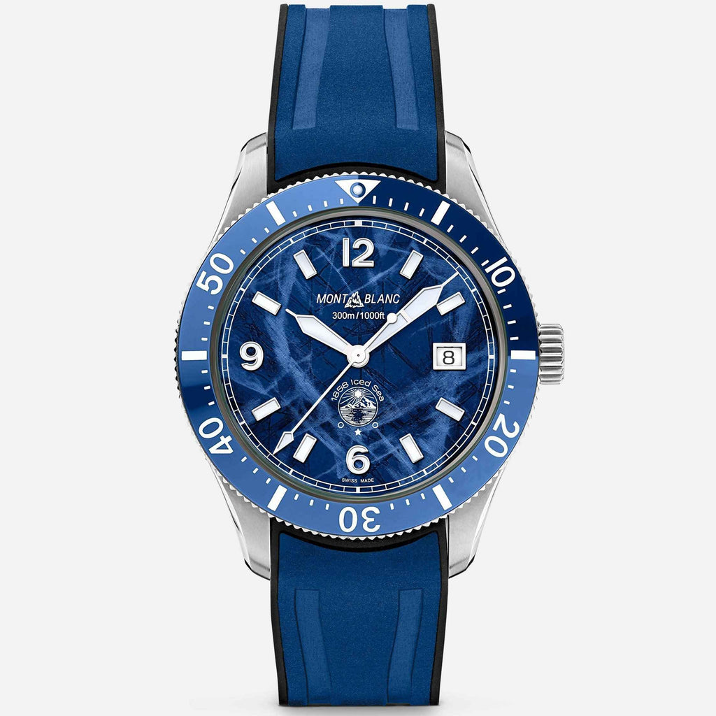 Orologio subacqueo Montblanc con quadrante blu e cinturino in silicone blu