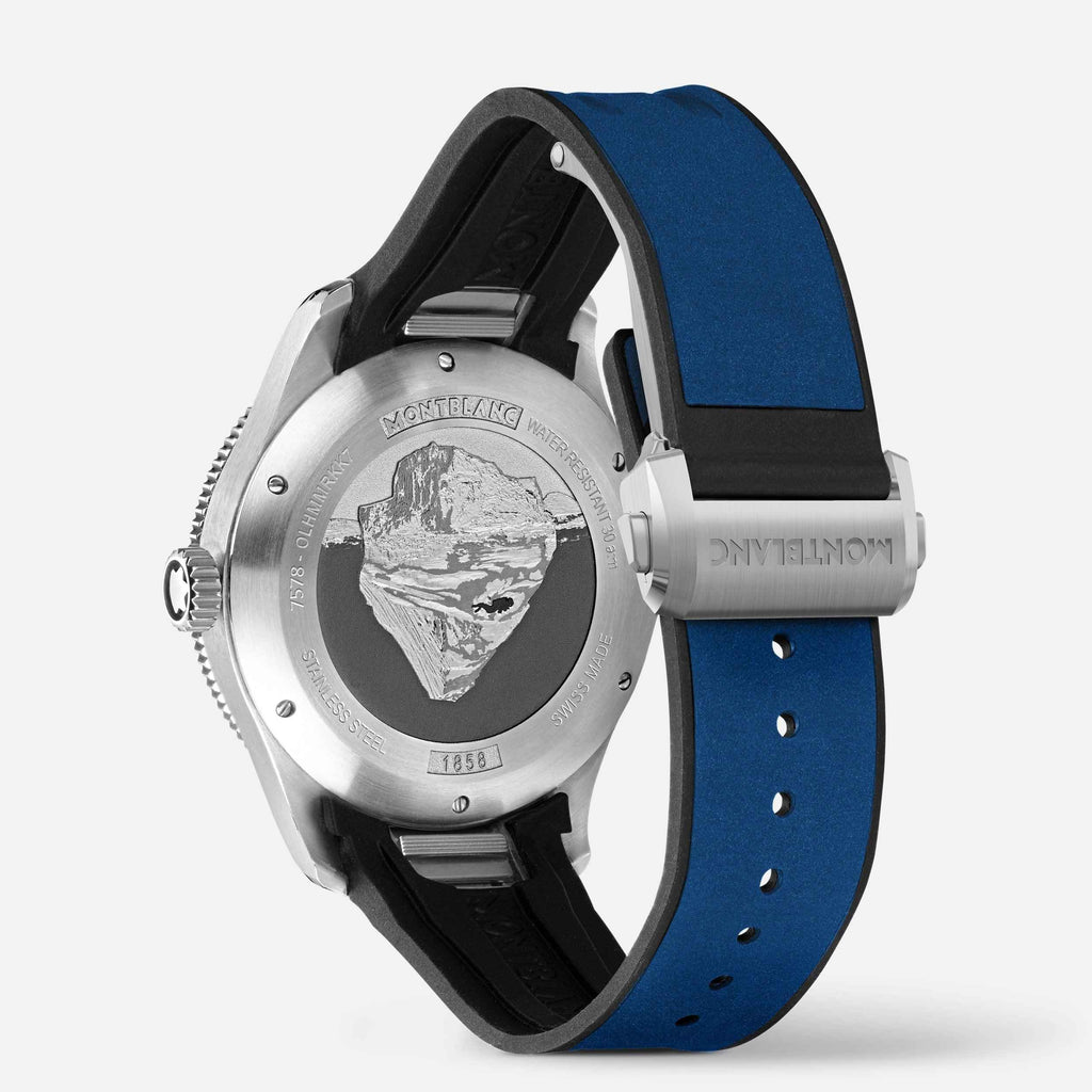 Orologio Montblanc con fondello in acciaio e cinturino blu in silicone, lato posteriore