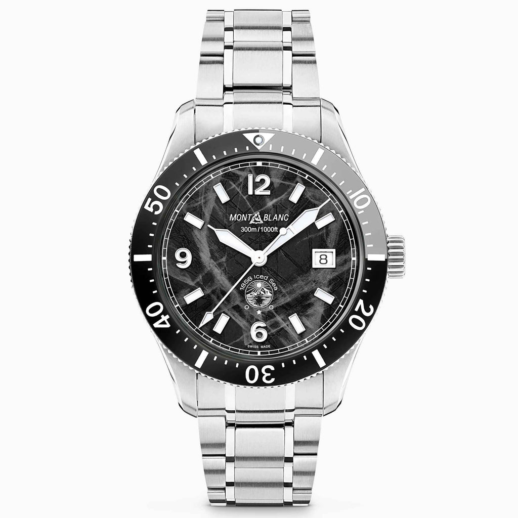 Orologio Montblanc in acciaio con quadrante nero e datario, cinturino maglie