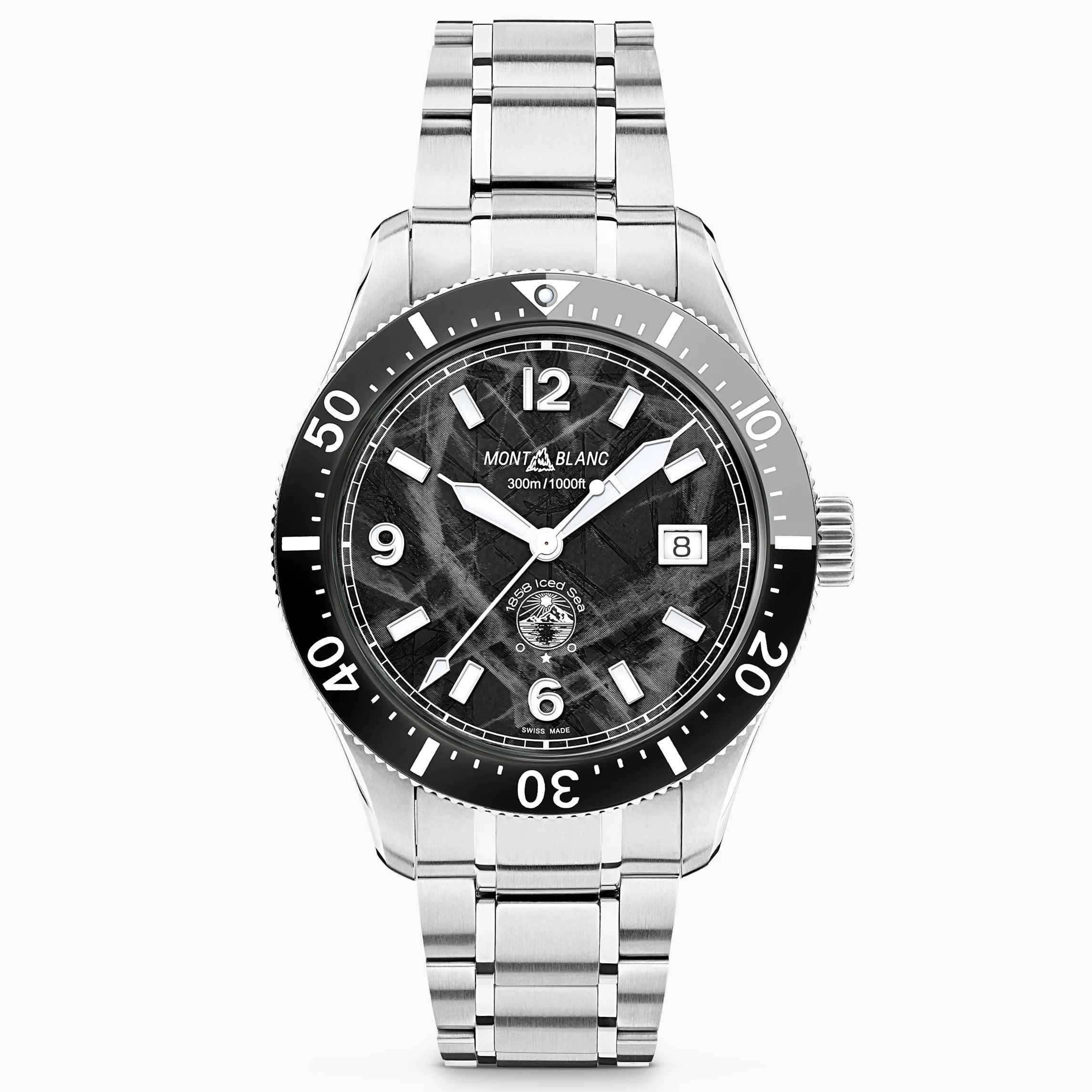Orologio Montblanc in acciaio con quadrante nero e datario, cinturino maglie