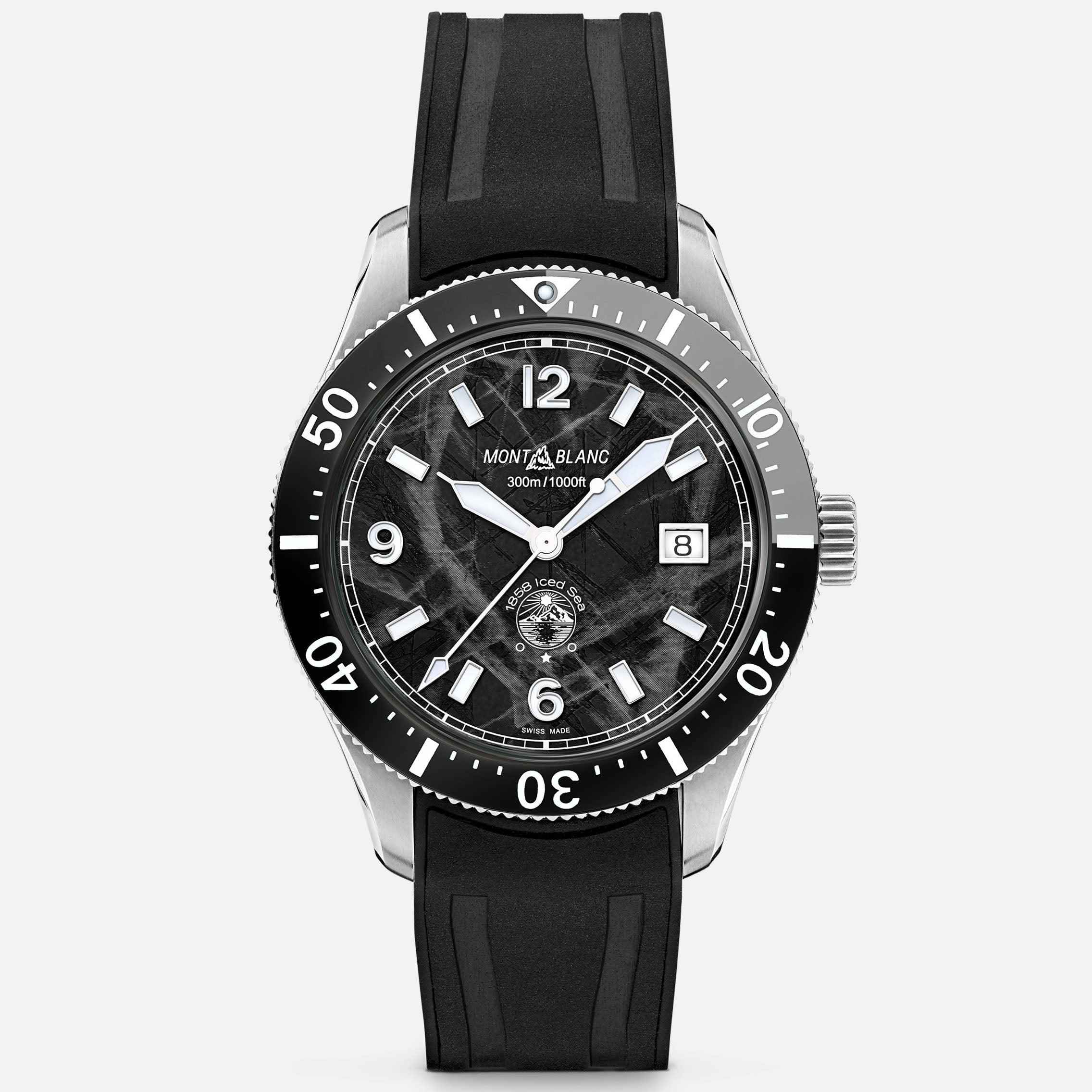 Orologio automatico con quadrante nero e cinturino in gomma, finestra data alle 3