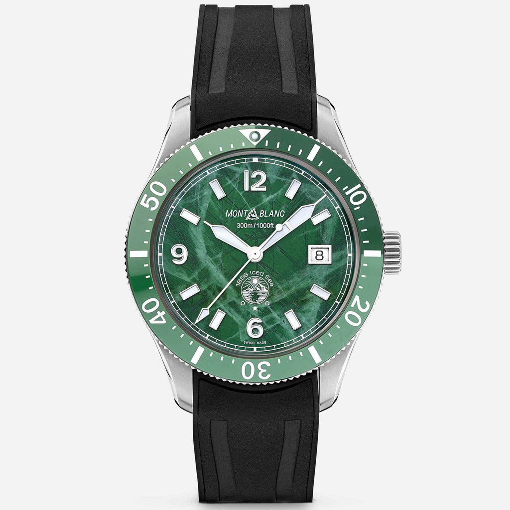 Orologio automatico Montblanc con quadrante verde, cinturino nero e datario a ore 6.