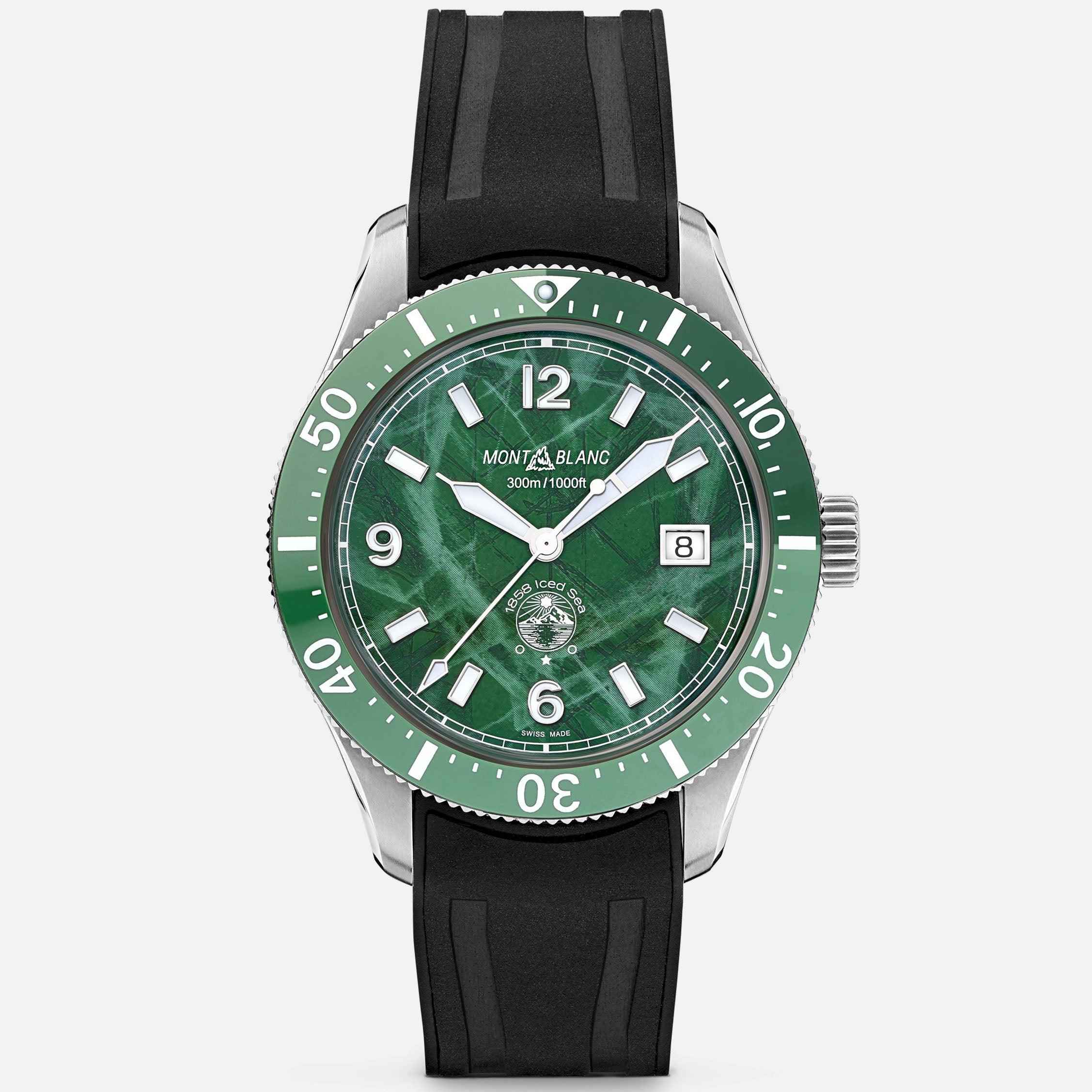 Orologio automatico Montblanc con quadrante verde, cinturino nero e datario a ore 6.