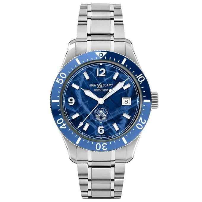Orologio da polso con quadrante blu ghiaccio e bracciale in acciaio, lunetta blu