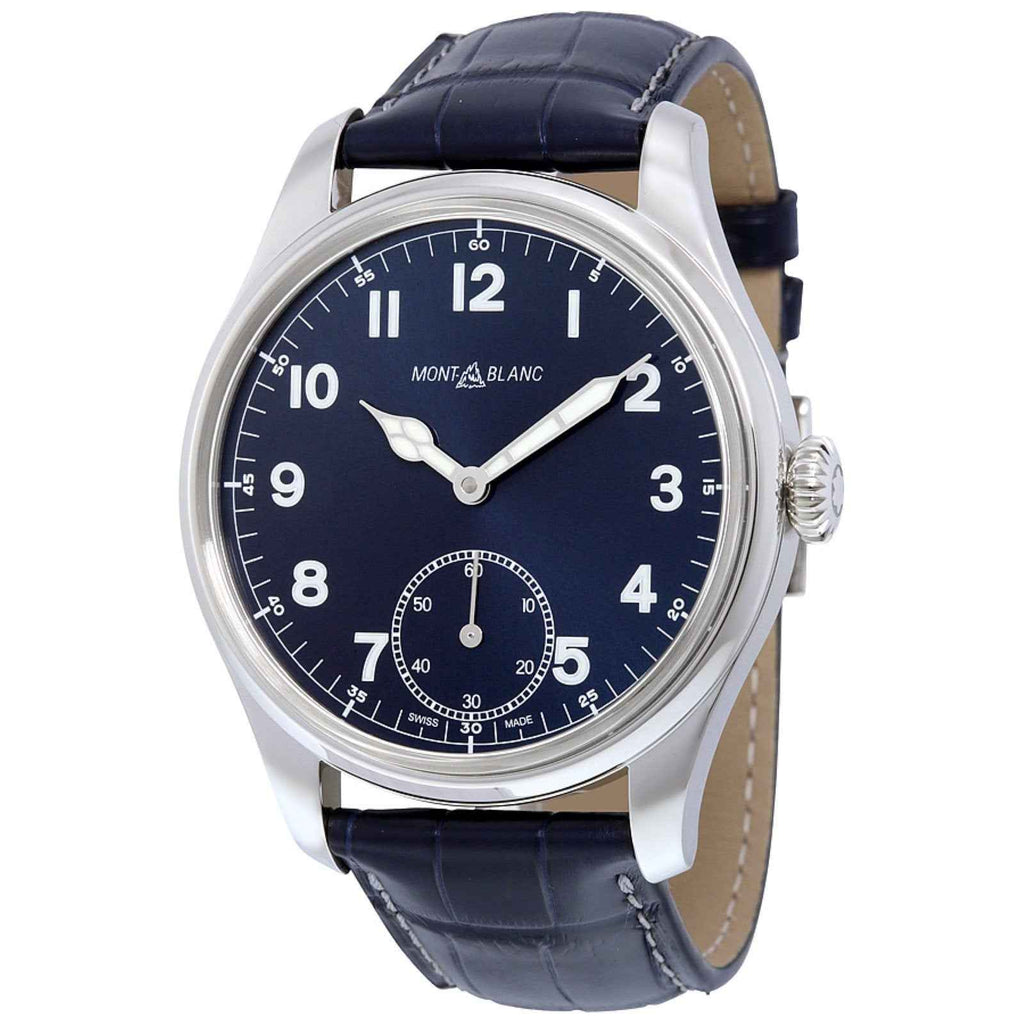 Orologio Montblanc 1858 con quadrante blu e cinturino in pelle, piccoli secondi