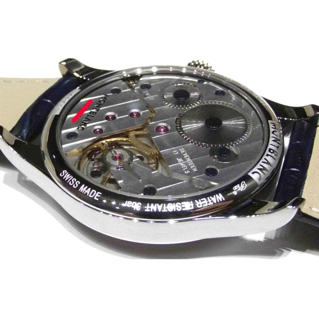Fondello a vista dell’orologio Montblanc 1858 con movimento e scritte Swiss Made