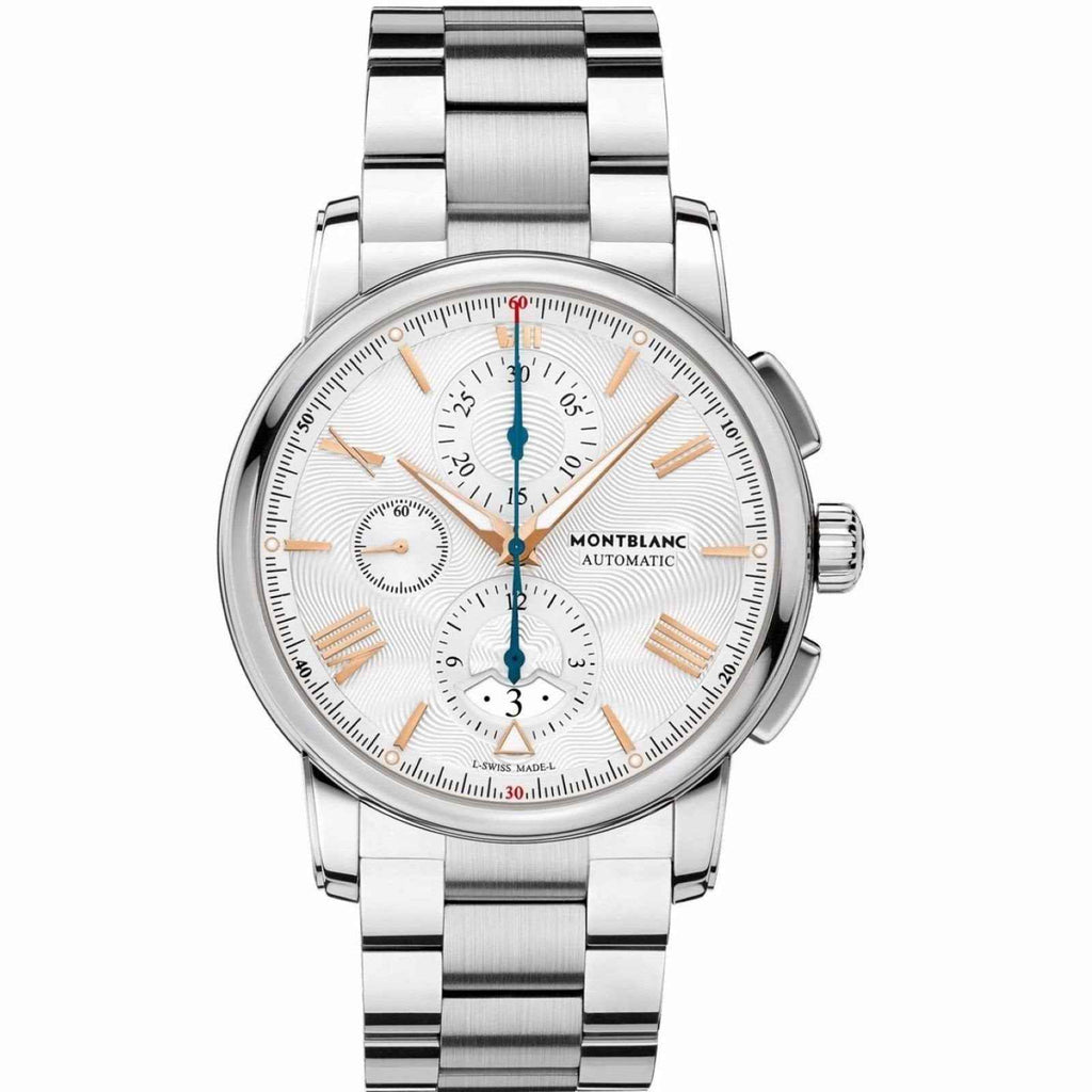 Orologio cronografo automatico in acciaio argento con quadrante bianco e 3 contatori