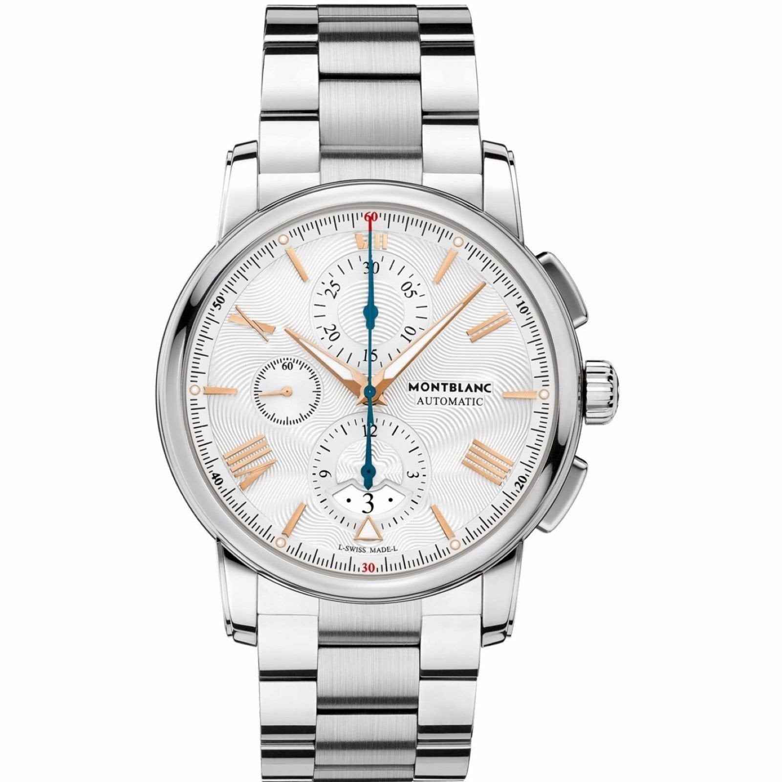 Orologio cronografo automatico in acciaio argento con quadrante bianco e 3 contatori