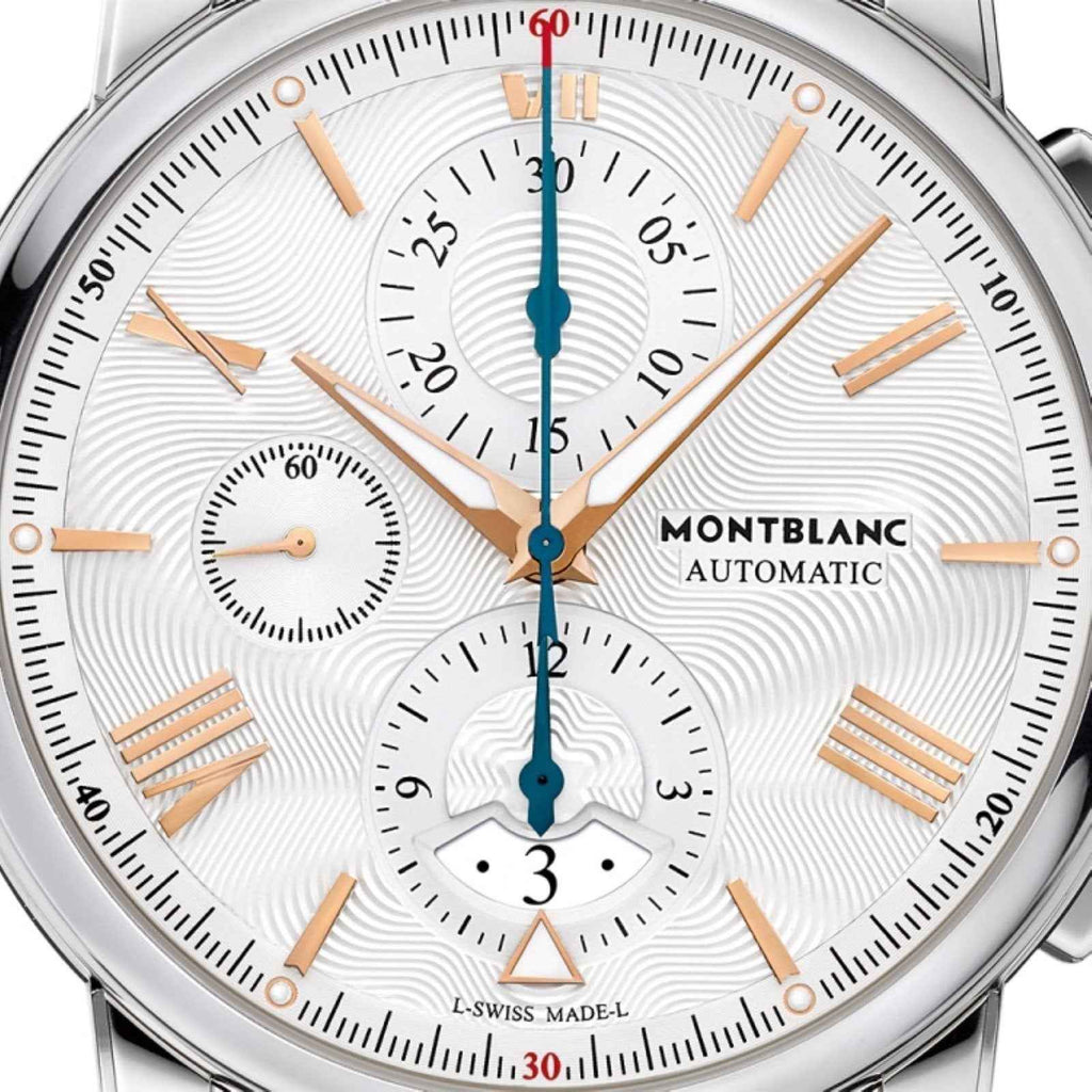 Orologio cronografo automatico argento, quadrante bianco con lancette blu e marcatori
