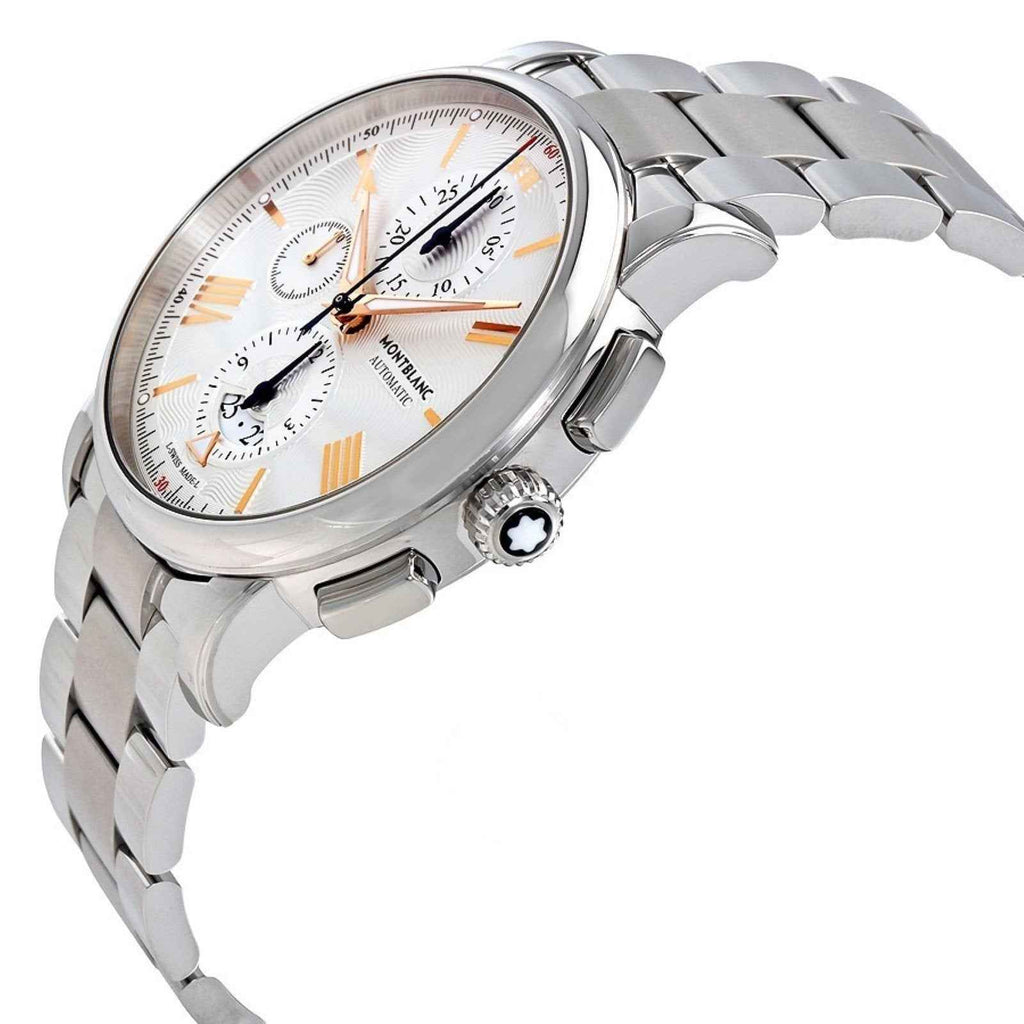 Orologio cronografo automatico in acciaio argento, cassa tonda e corona con pulsante