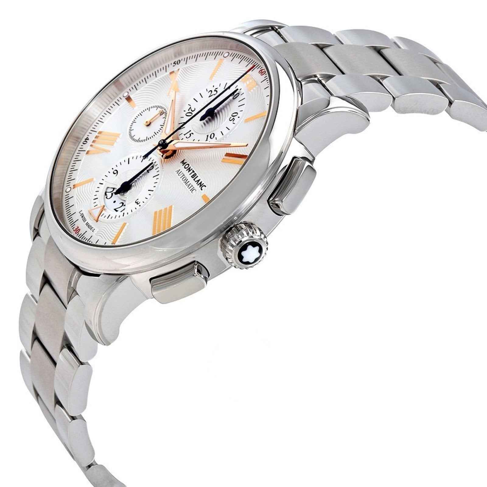 Orologio cronografo automatico in acciaio argento, cassa tonda e corona con pulsante