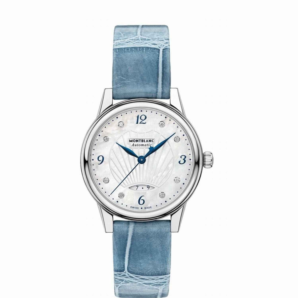 Orologio Montblanc automatico con cassa acciaio, quadrante madreperla e cinturino blu