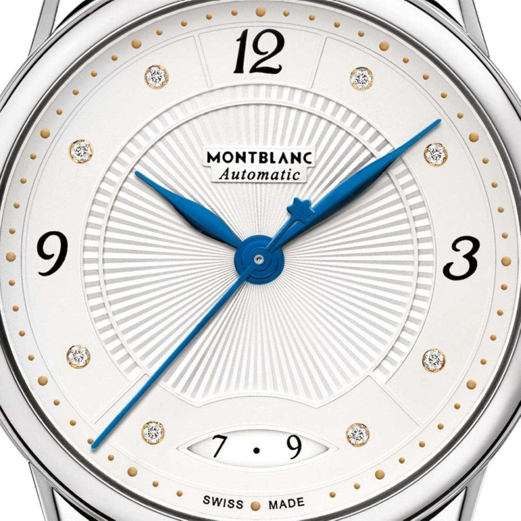 Quadrante Montblanc Automatico bianco con lancette blu, indici e data
