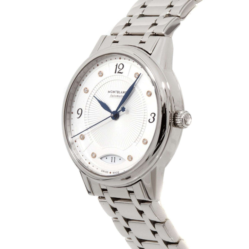 Orologio Montblanc automatico con quadrante bianco e cassa in acciaio, lato destro