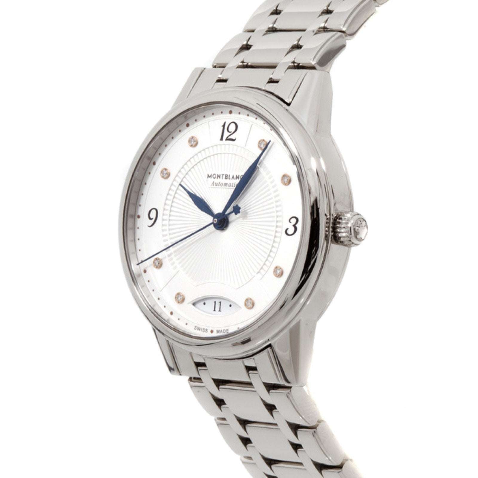 Orologio Montblanc automatico con quadrante bianco e cassa in acciaio, lato destro