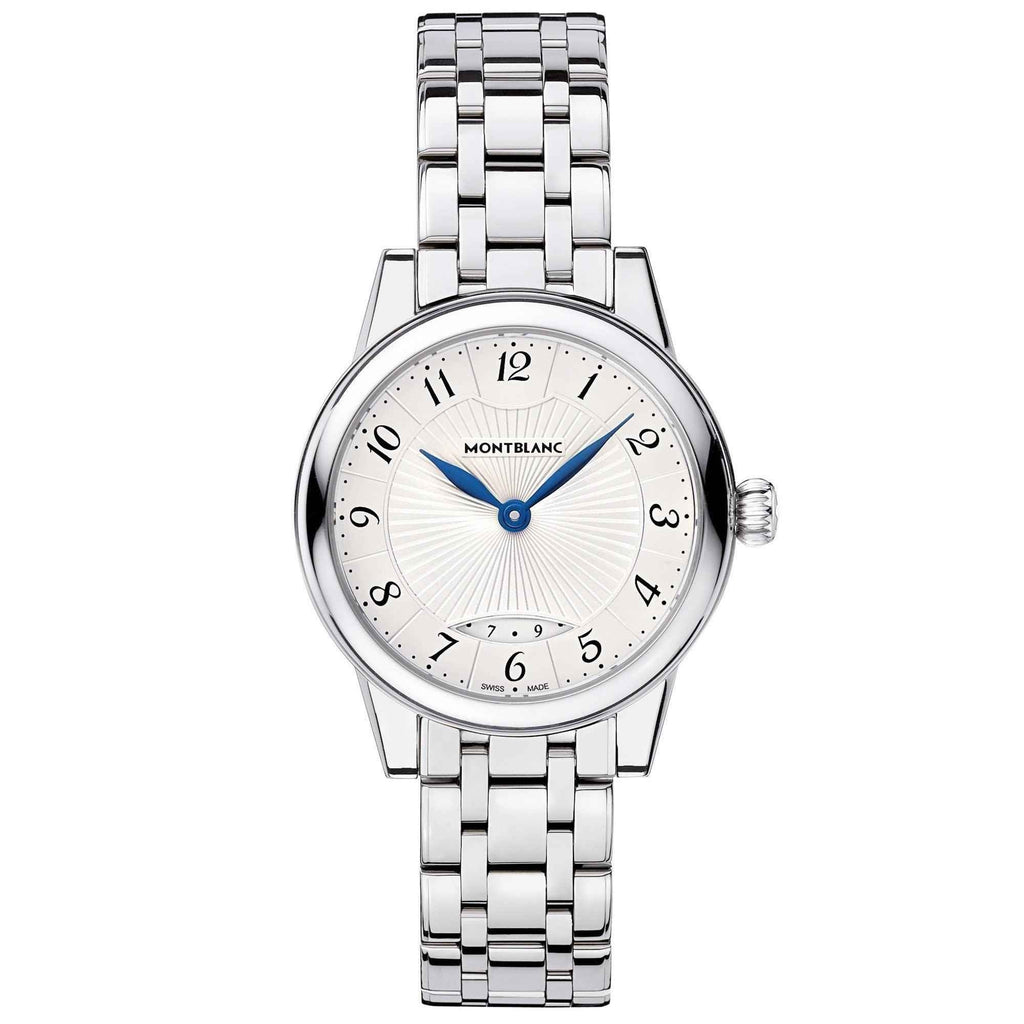 Orologio da polso con cinturino in acciaio, quadrante bianco, lancette blu e datario