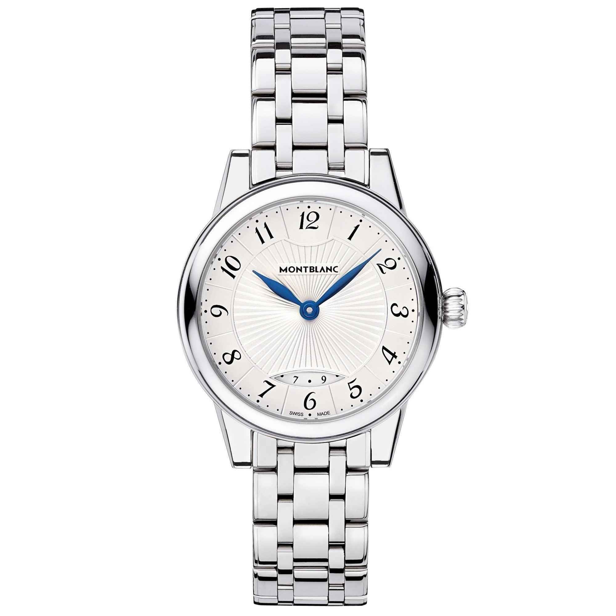 Orologio da polso con cinturino in acciaio, quadrante bianco, lancette blu e datario