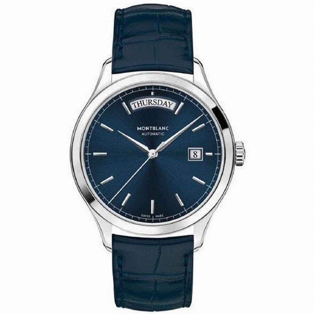 Orologio automatico blu con cassa in acciaio e cinturino in pelle, quadrante scuro