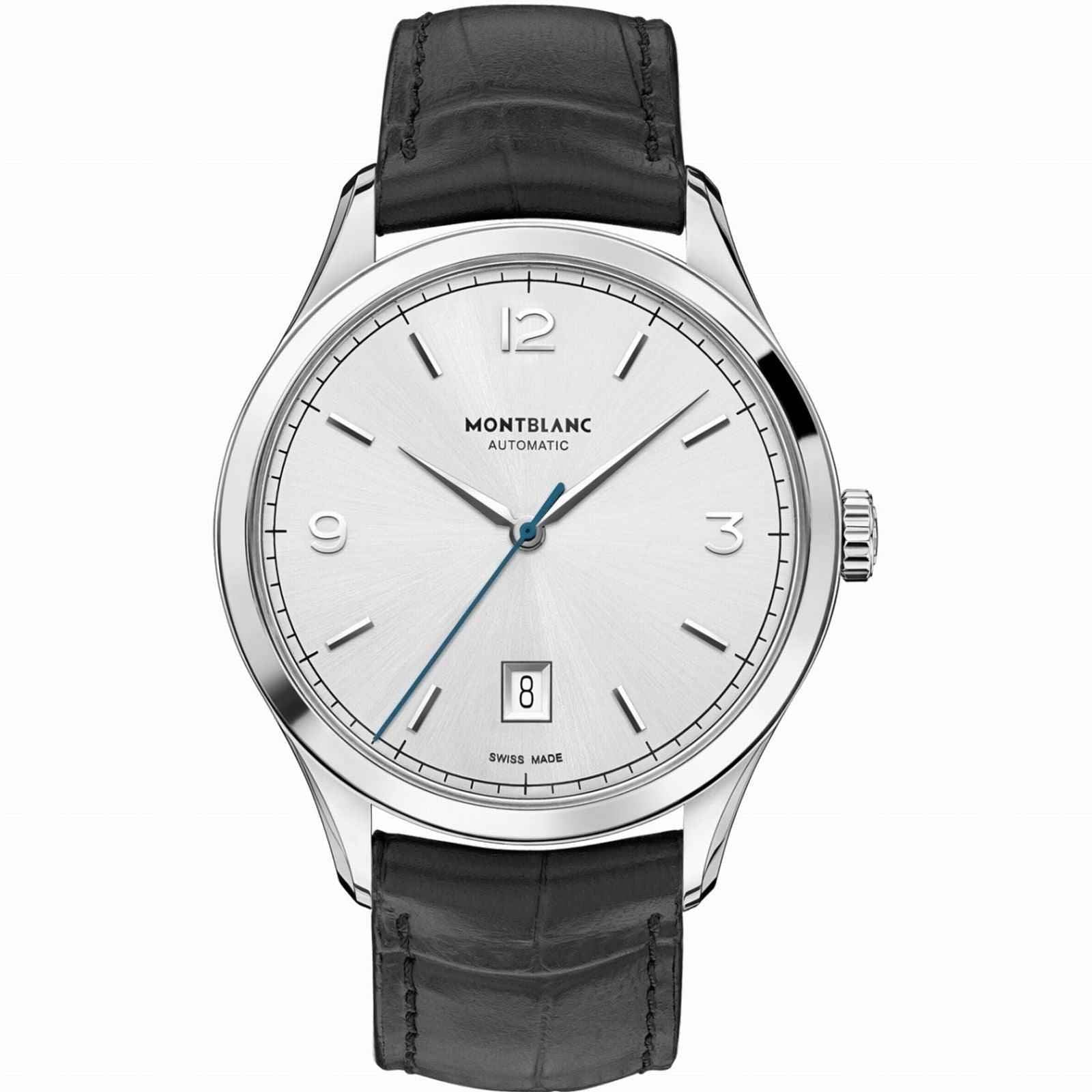 Orologio Montblanc automatico 40 mm: cassa argento, cinturino pelle nera, quadrante bianco.