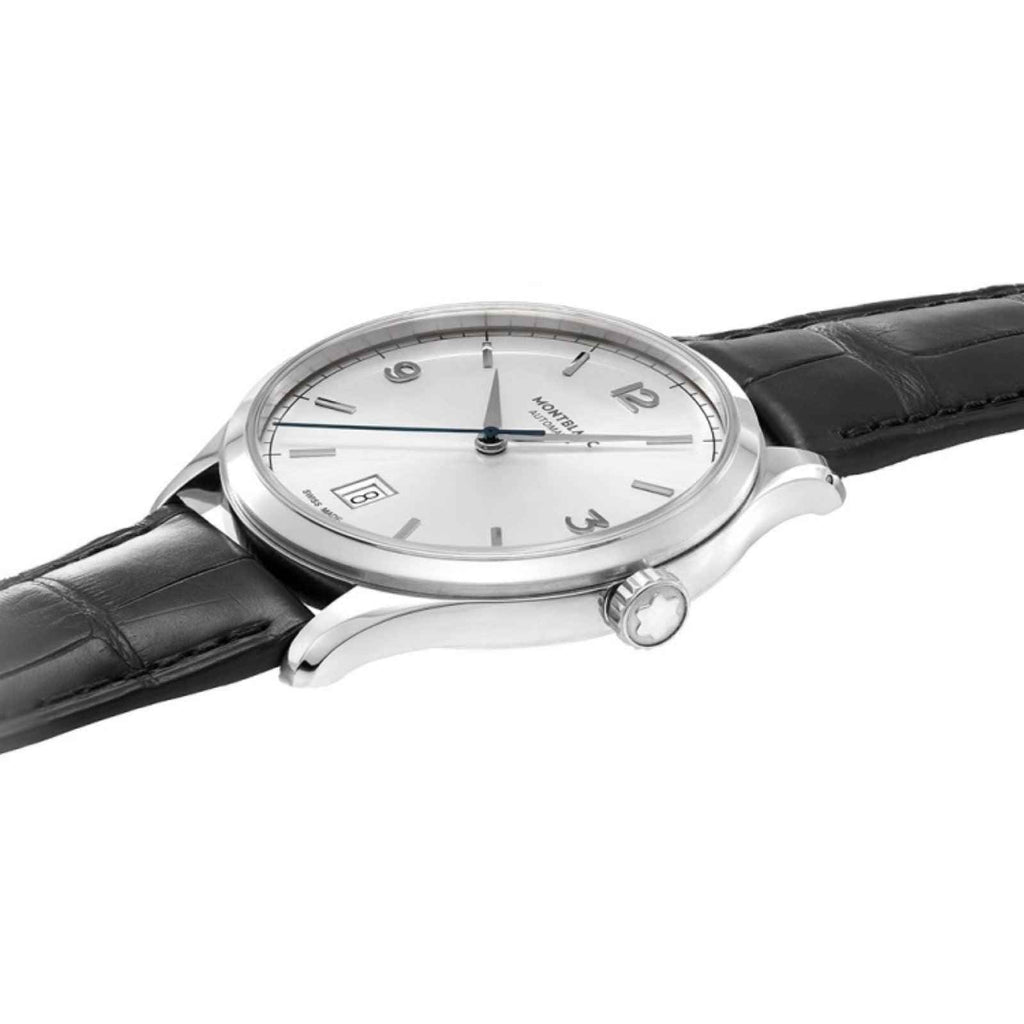 Orologio Montblanc con cassa argento e cinturino in pelle nera, quadrante bianco.