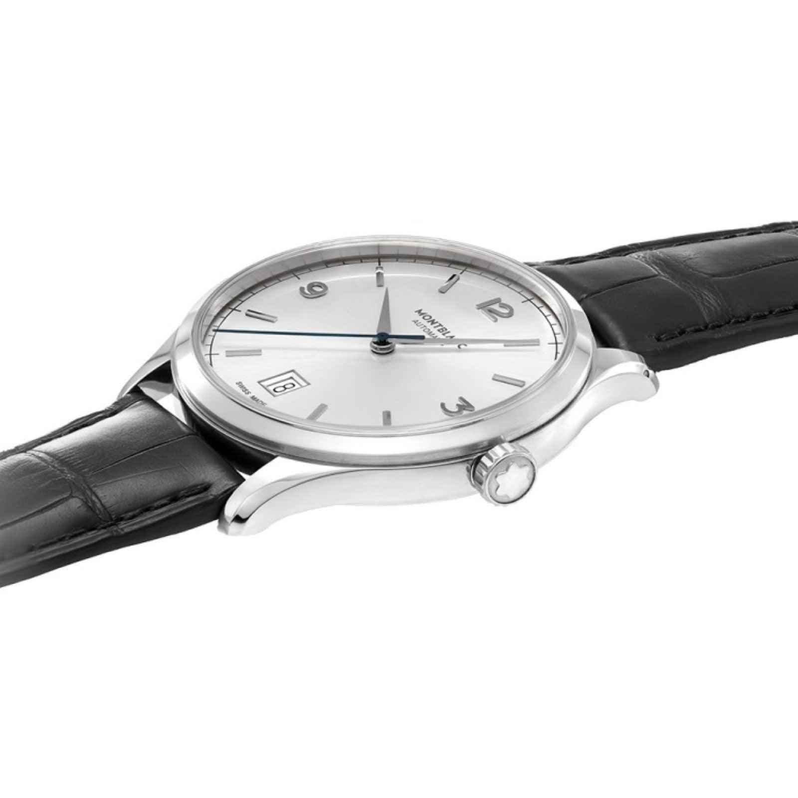 Orologio Montblanc con cassa argento e cinturino in pelle nera, quadrante bianco.