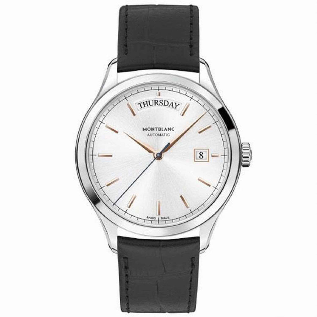 Orologio Montblanc automatico con quadrante bianco e cinturino nero, datario giorno 8