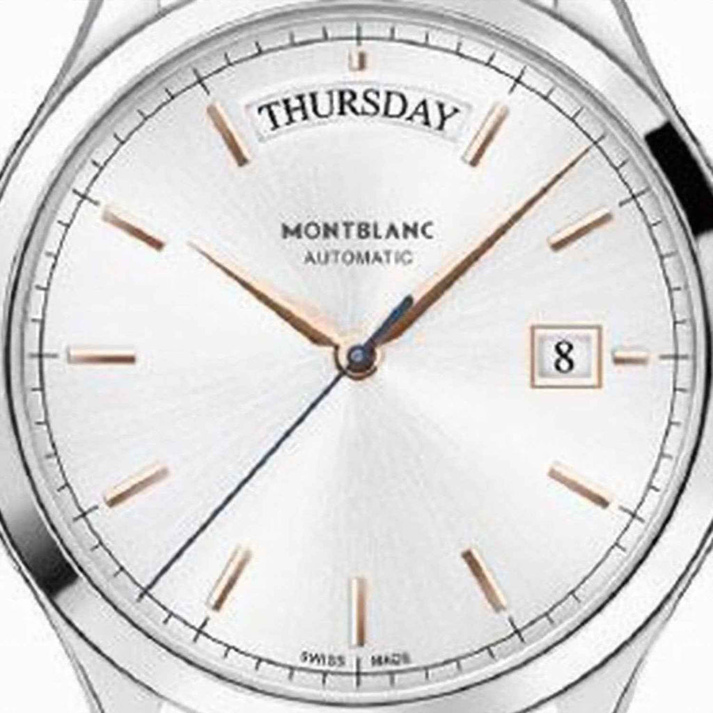 Orologio Montblanc con quadrante bianco, lancette dorate e indicazione giorno THURSDAY