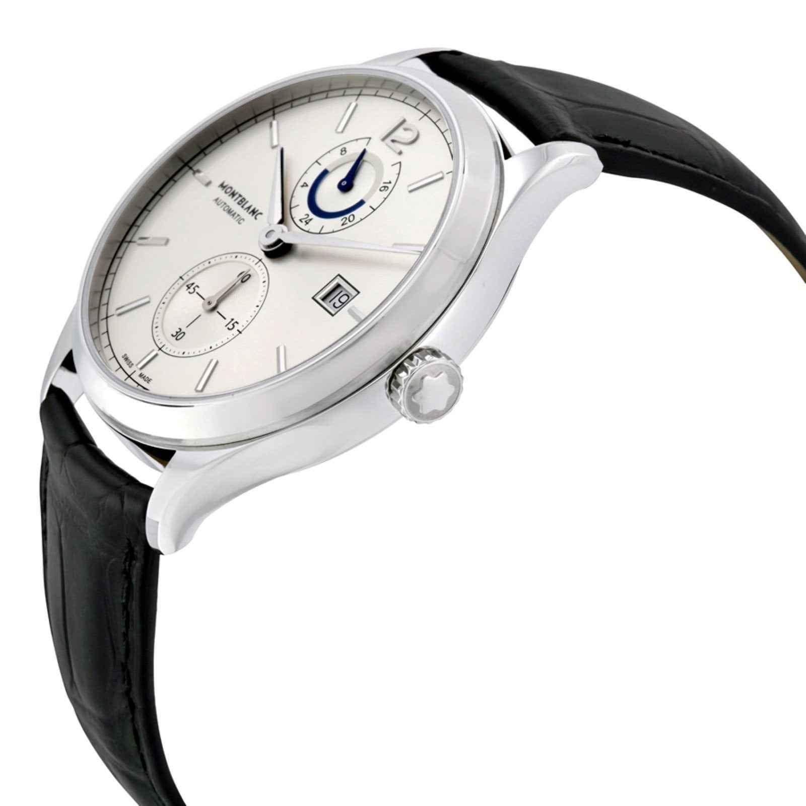 Orologio Montblanc Heritage Dual Time argento con cinturino nero, vista laterale