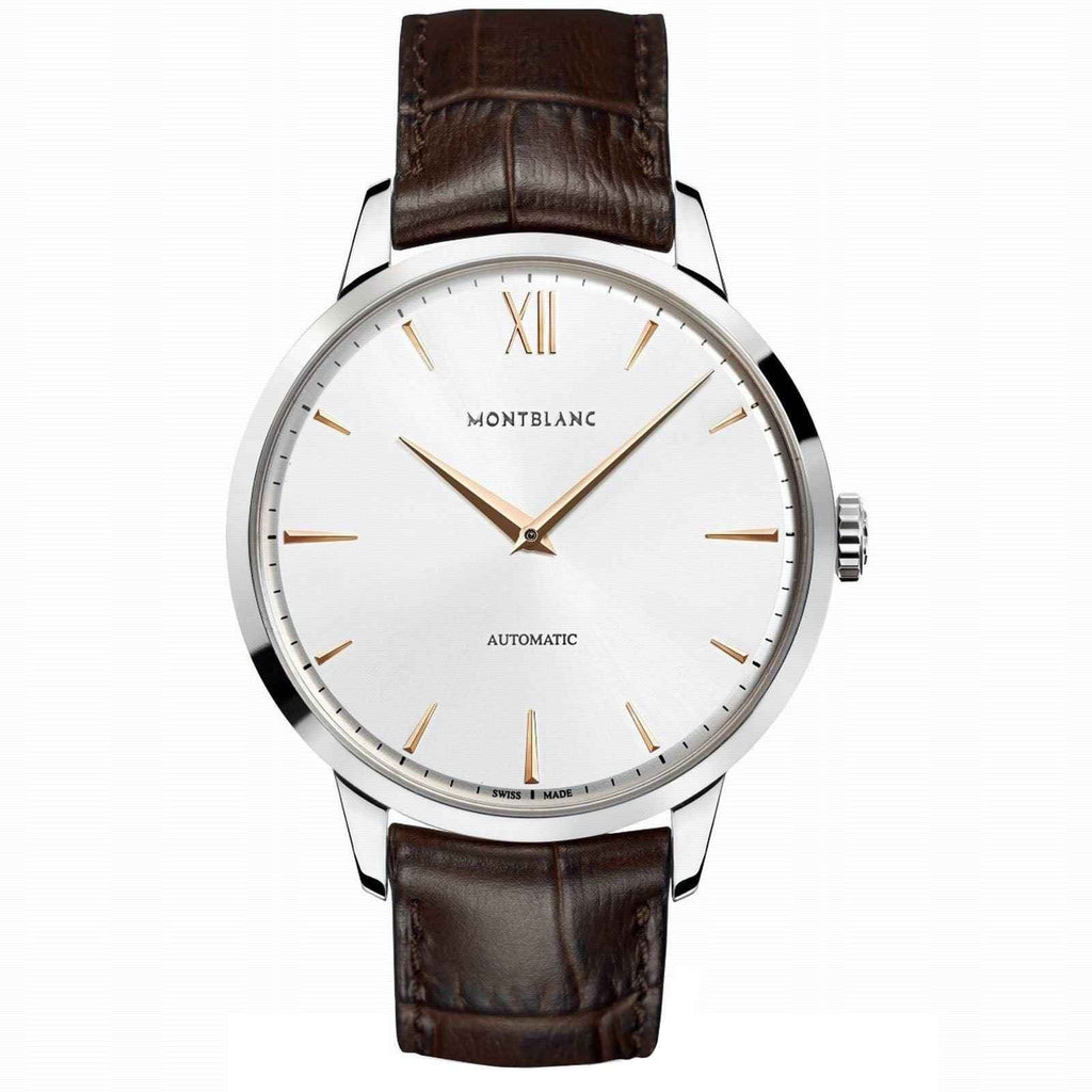 Orologio automatico argento con quadrante bianco, numeri romani e cinturino marrone