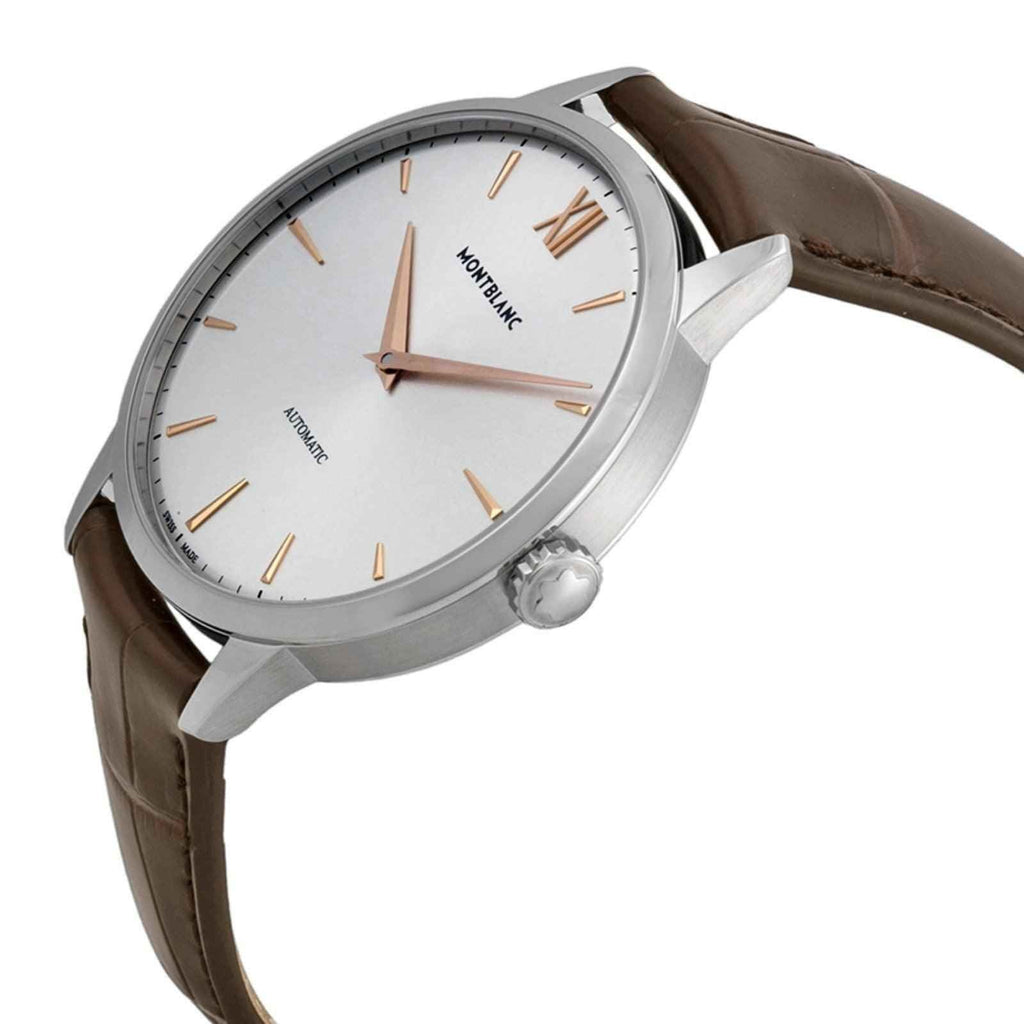 Orologio automatico argento con quadrante bianco, indici dorati e cinturino in pelle marrone