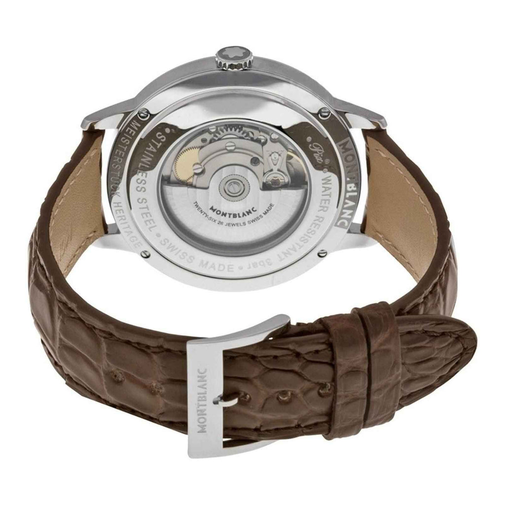 Orologio automatico con cassa argento e cinturino in pelle marrone, fondello a vista