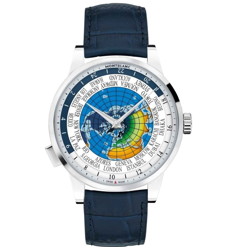 Orologio Montblanc Heritage Spirit con quadrante bianco, cassa acciaio e cinturino pelle blu