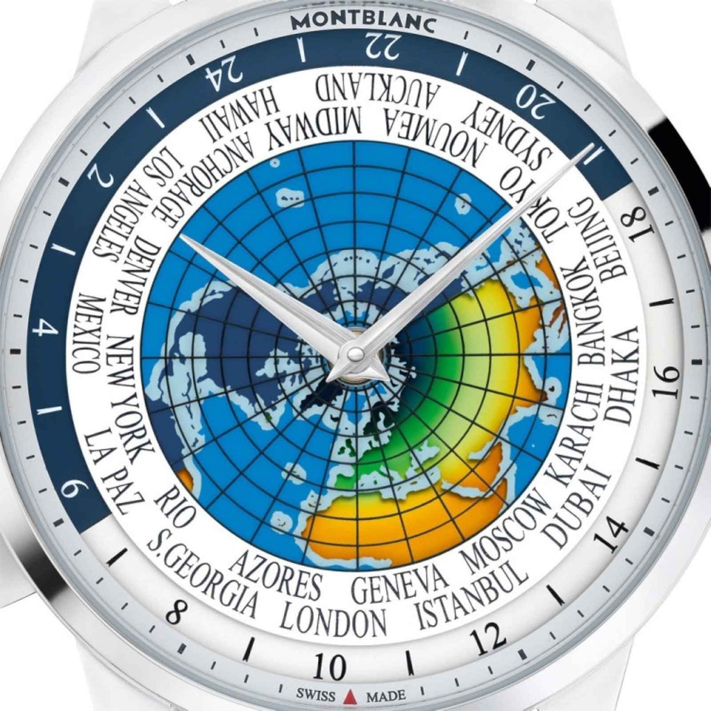 Orologio Montblanc con quadrante bianco e grafica mondo colorata, lancette e vetro