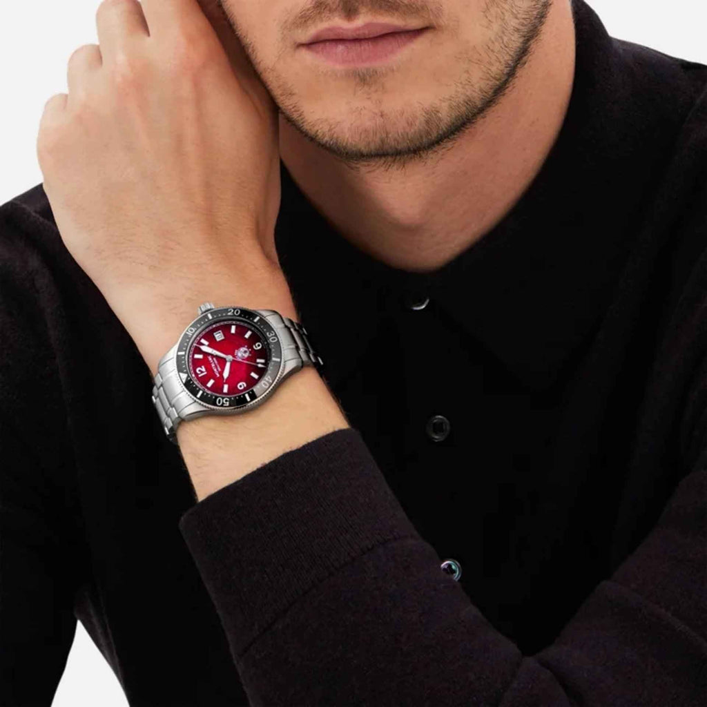 Orologio da polso uomo in acciaio con quadrante rosso e bracciale a maglie