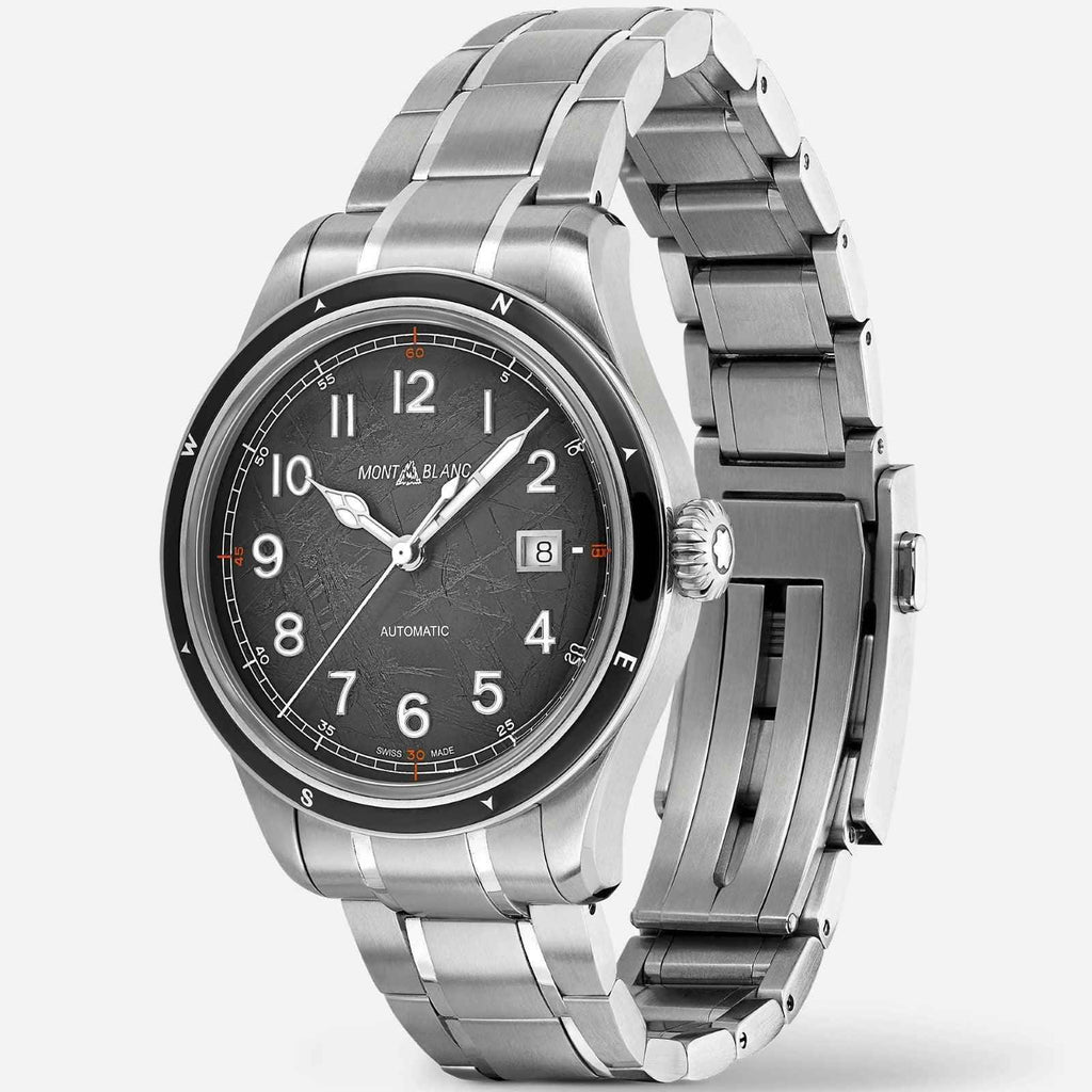 Orologio Montblanc con quadrante grigio e cinturino in acciaio, automatico.