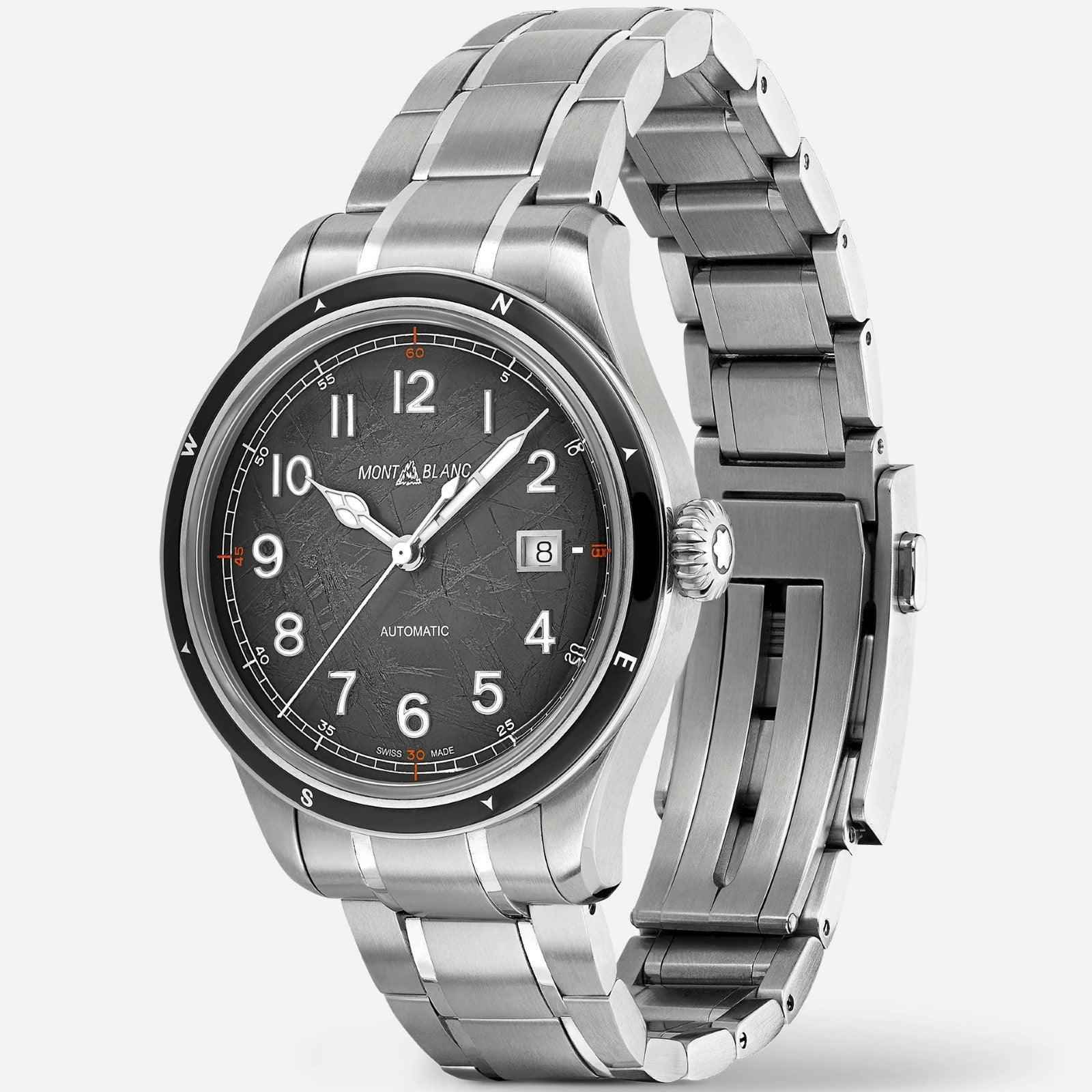 Orologio Montblanc con quadrante grigio e cinturino in acciaio, automatico.