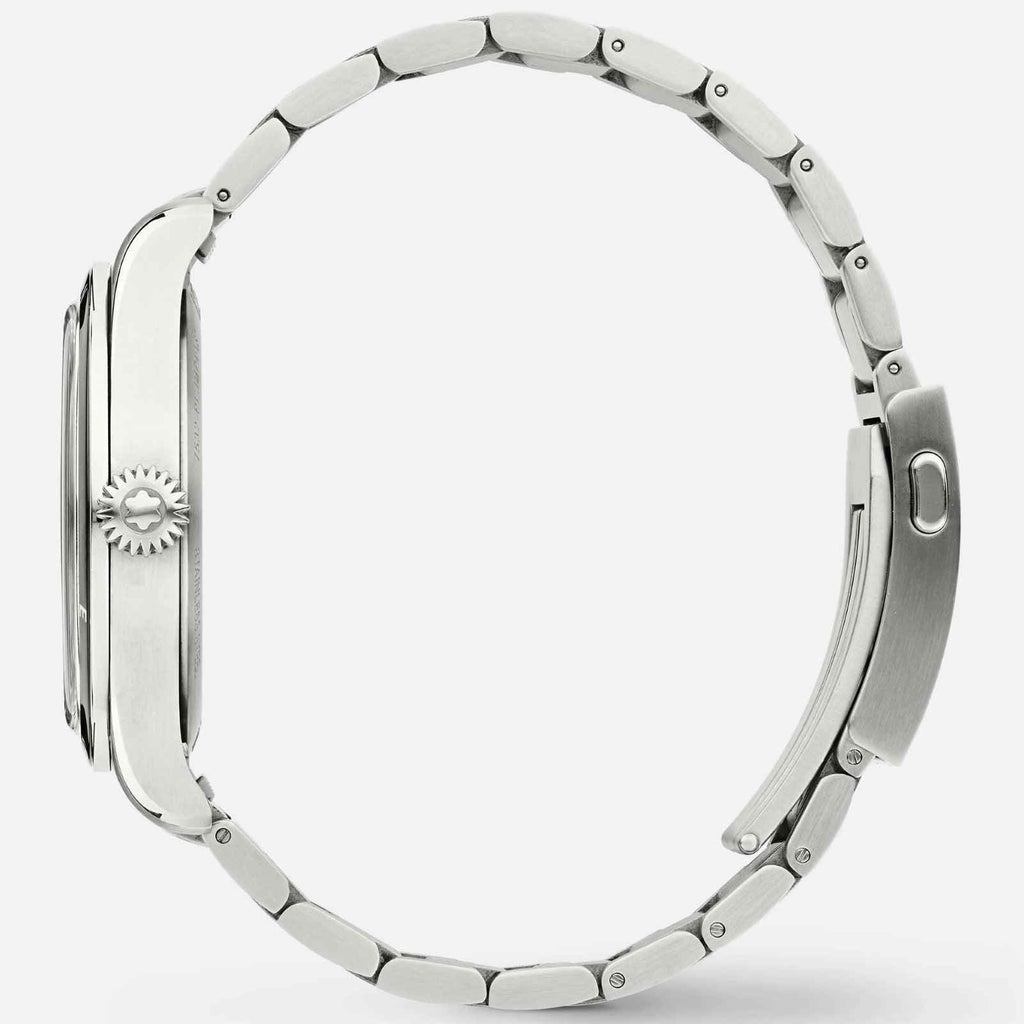 Orologio Montblanc con cassa e cinturino in acciaio, vista laterale.