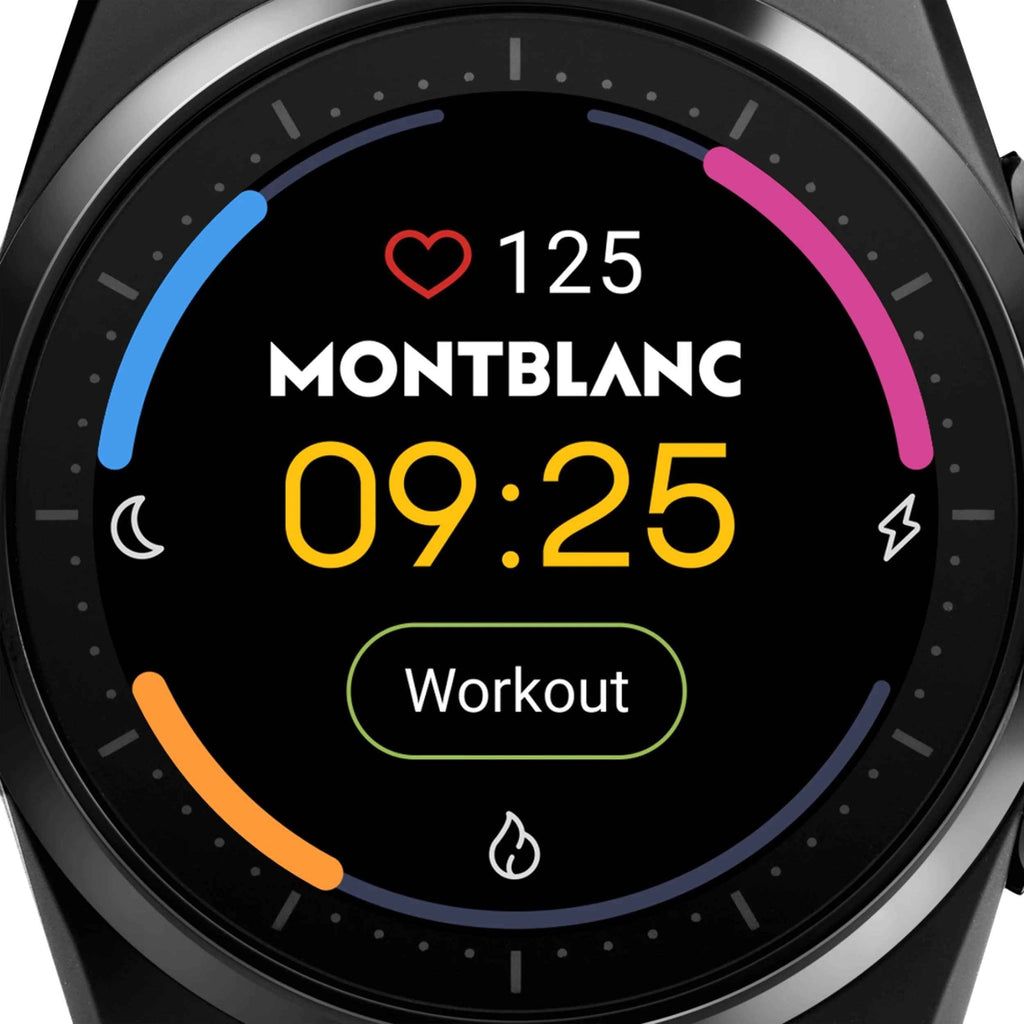 Orologio smartwatch Montblanc con quadrante nero, icona cuore e “Workout”