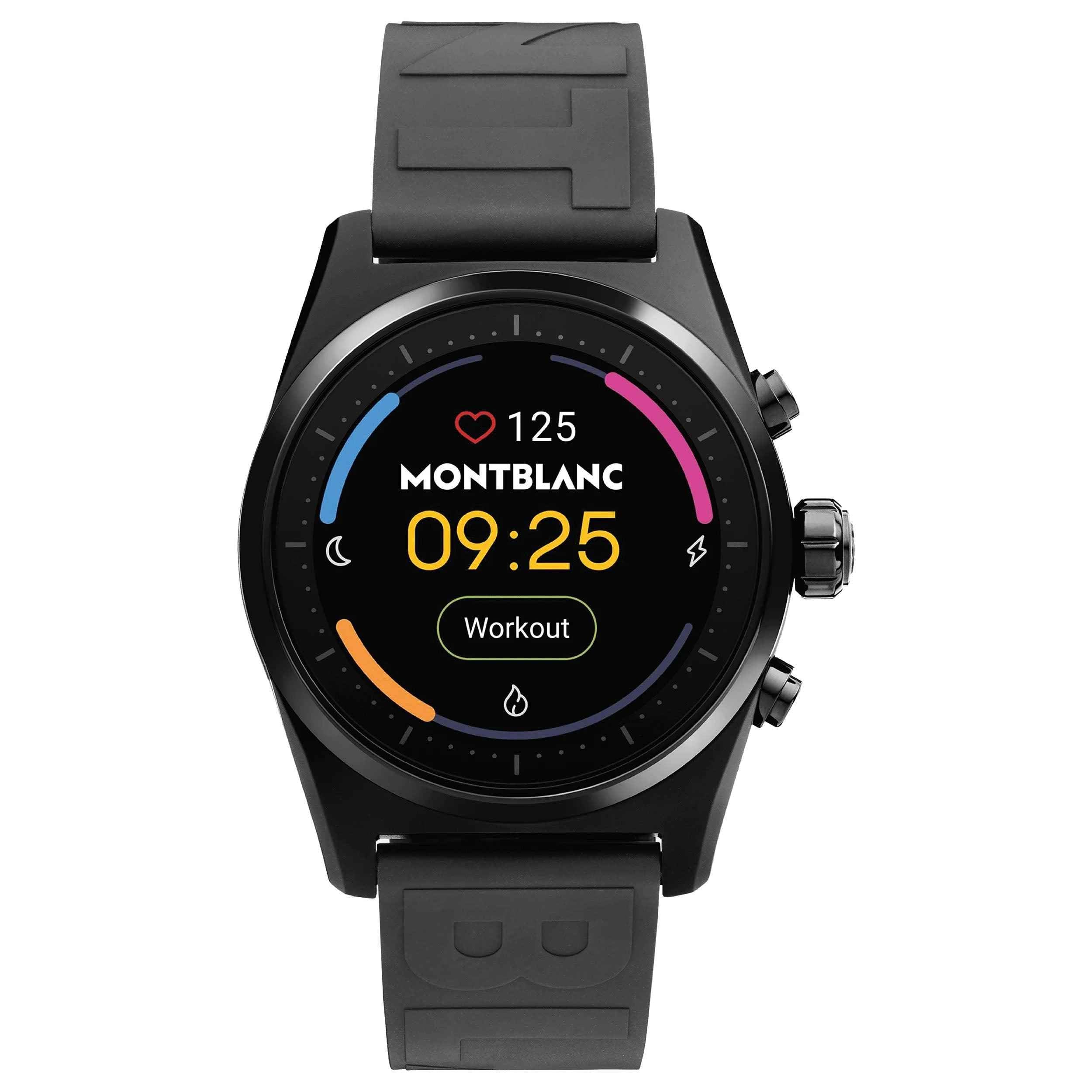 Orologio smartwatch Montblanc 43mm con cassa nera e cinturino in caucciù, pulsanti