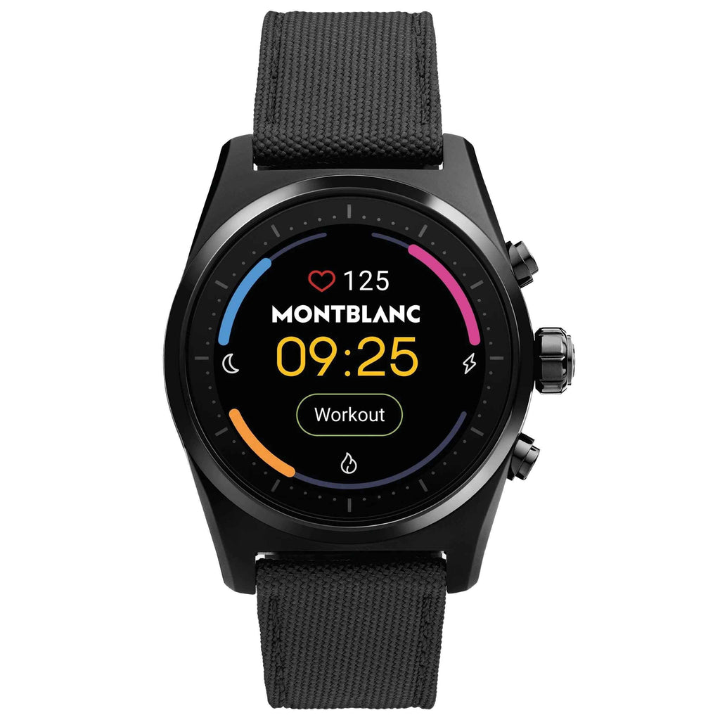 Orologio smartwatch Montblanc Summit Lite 43mm nero: cassa alluminio, cinturino tessuto; 09:25 Workout