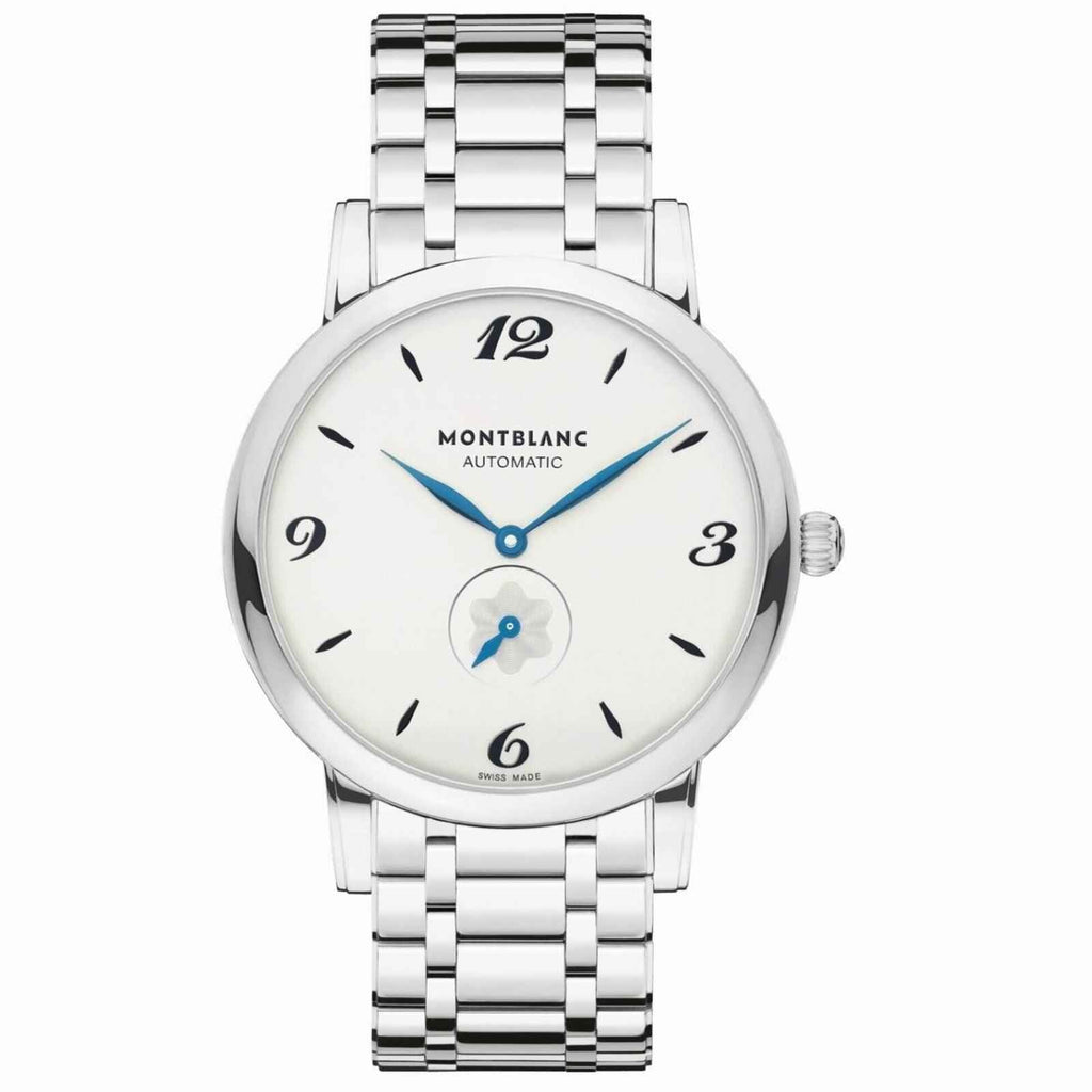 Orologio automatico con bracciale in acciaio, quadrante bianco e lancette blu