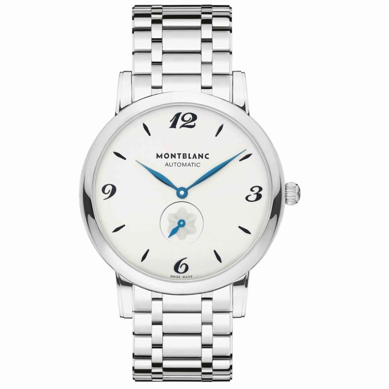 Orologio automatico con bracciale in acciaio, quadrante bianco e lancette blu