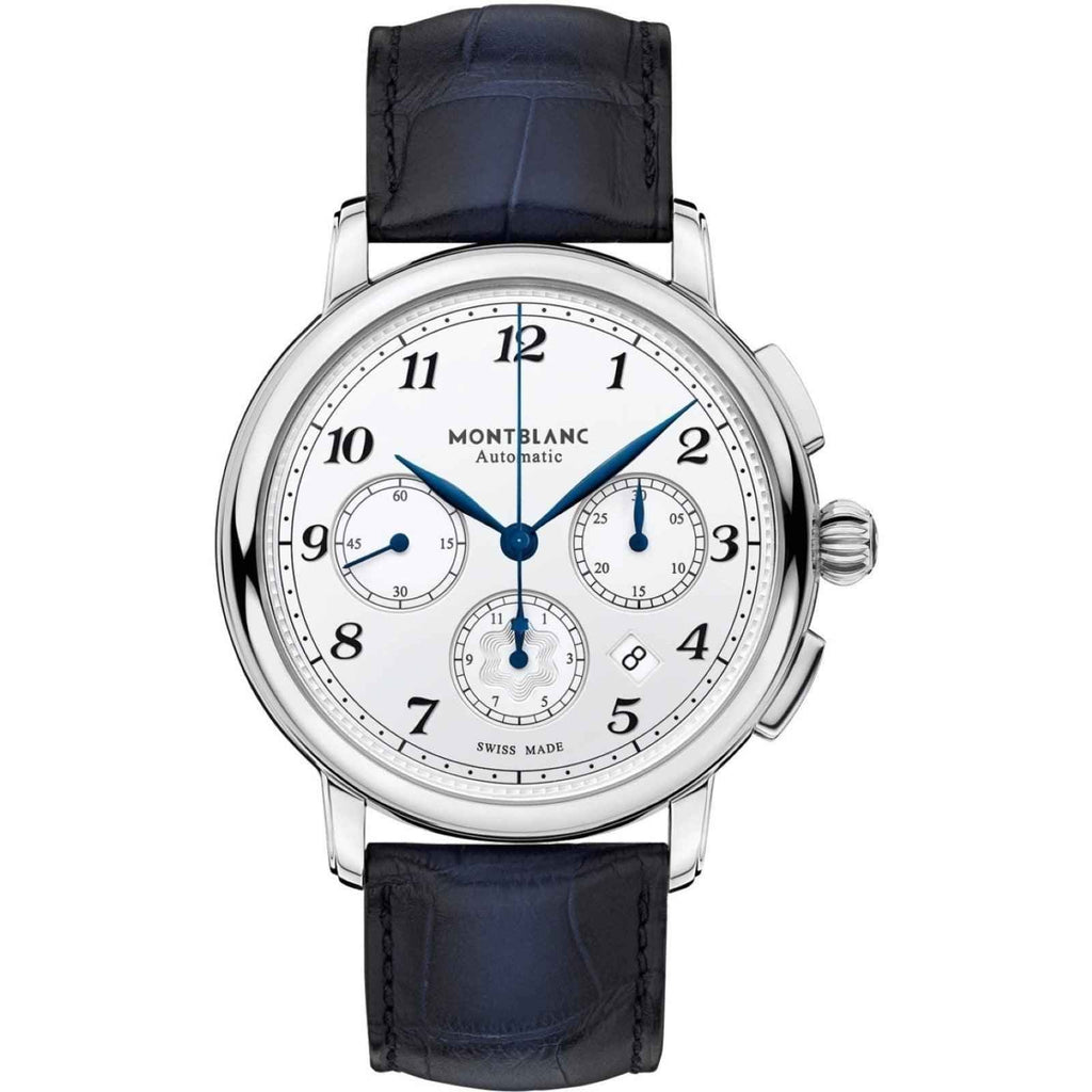 Orologio cronografo automatico con cassa argento e cinturino blu in pelle