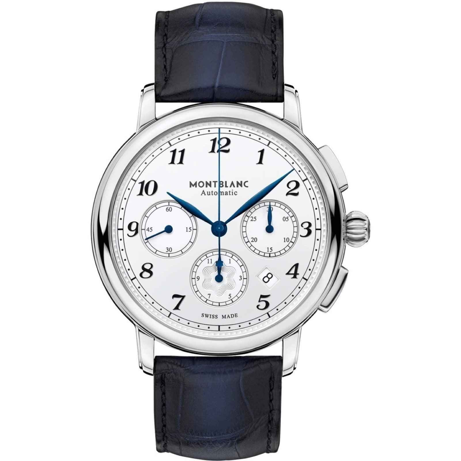 Orologio cronografo automatico con cassa argento e cinturino blu in pelle