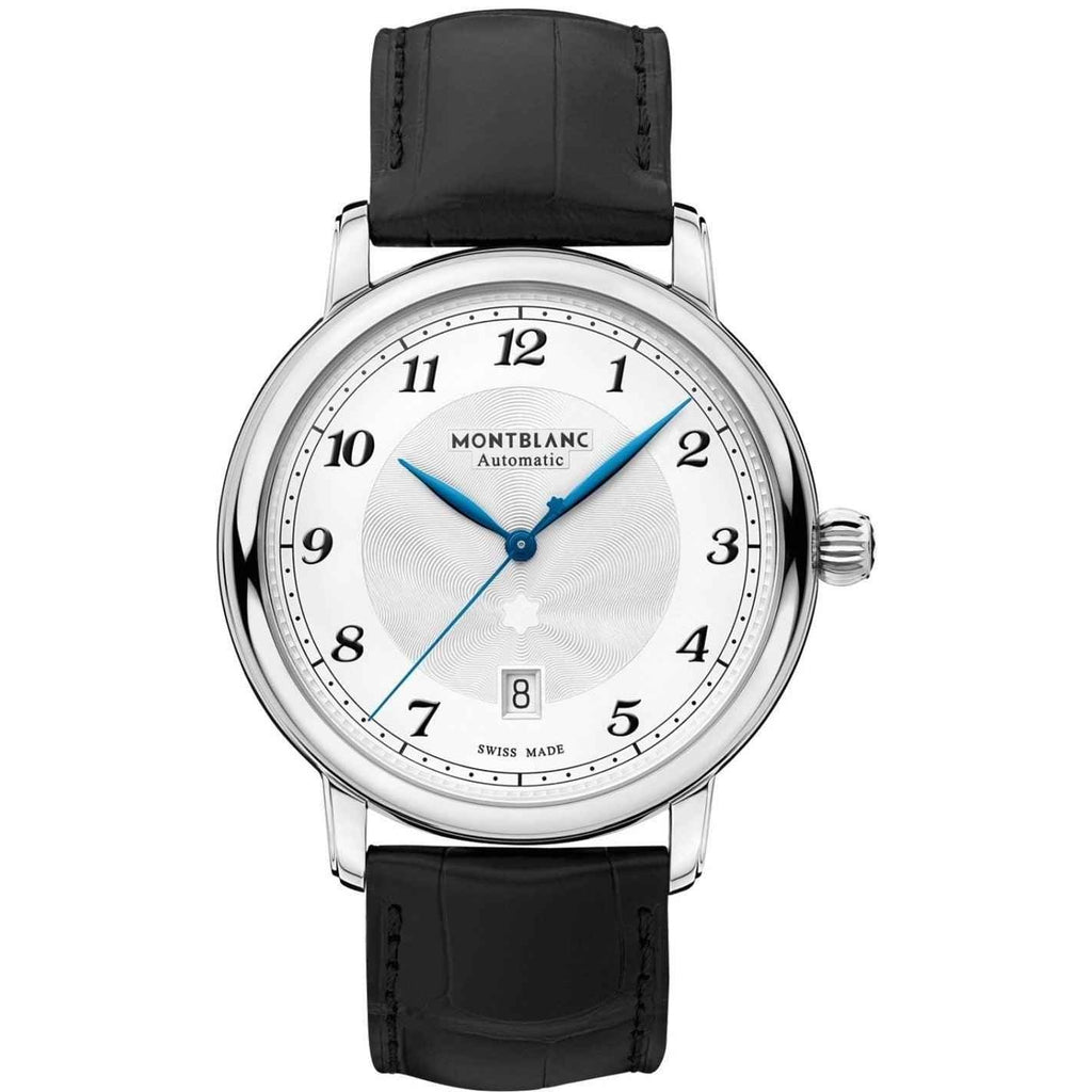 Orologio automatico con cassa argento, cinturino in pelle nera e quadrante bianco, data