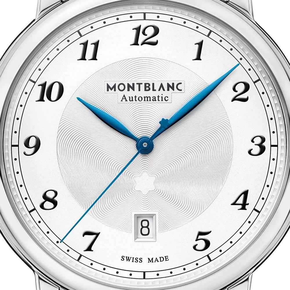 Quadrante dell’orologio automatico bianco con lancette blu e finestra data